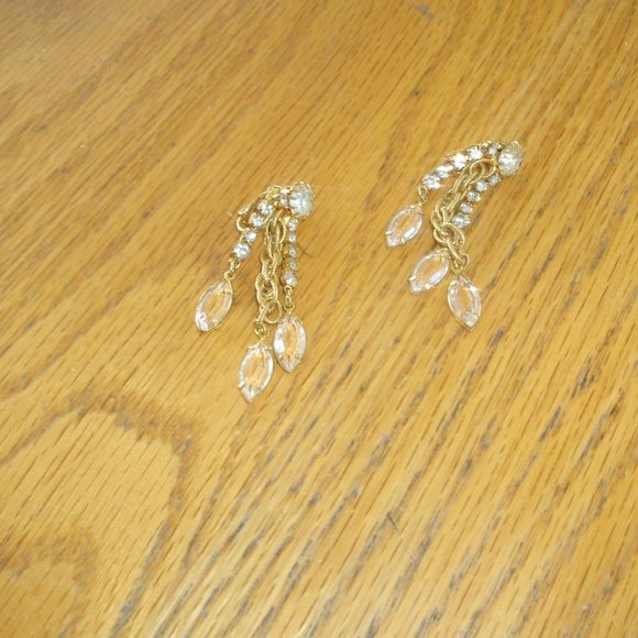 Earrings Jewelry Clip Earrings Gold Tone Rhinestones Glass Dangles